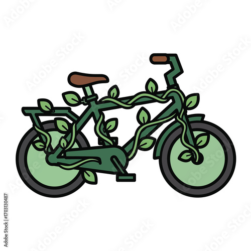 A green bicycle adorned with lush green leaves and vines, symbolizing eco-friendly transportation and nature.