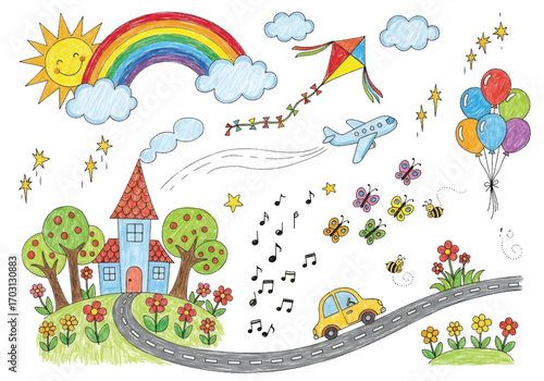 Adobe illustrator artwork vector illustration. A vibrant collection of childish doodles: a family, a house, a rainbow, trees, and flowers