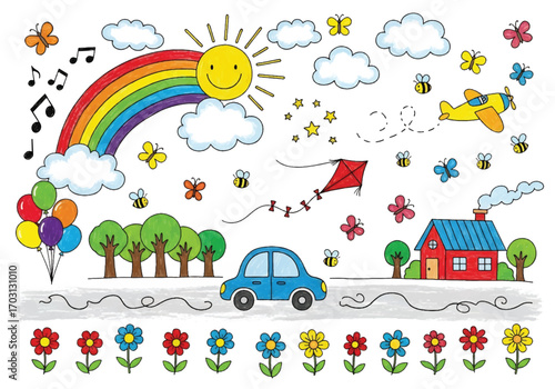 Adobe illustrator artwork vector illustration. A vibrant collection of childish doodles: a family, a house, a rainbow, trees, and flowers