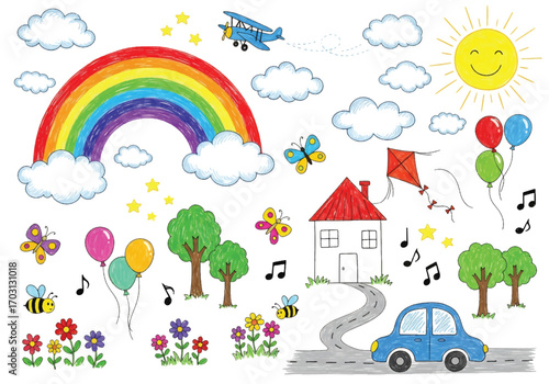 Adobe illustrator artwork vector illustration. A vibrant collection of childish doodles: a family, a house, a rainbow, trees, and flowers