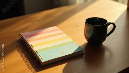 Morning sunlight casting warm glow on notebook and coffee