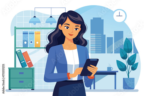 Vector art of a businesswoman in a blue suit is using her tablet in the office with a city view and a clock on the wall