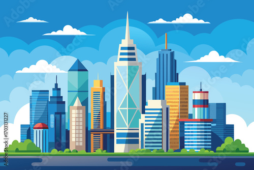Vector art of cityscape with modern buildings and skyscrapers under cloudy sky illustration of urban architecture