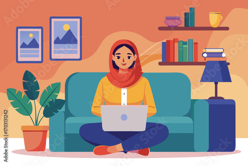 Vector art of a woman in a hijab is sitting on the couch and working on her laptop in a cozy living room at home