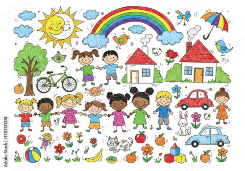 Adobe illustrator artwork vector illustration. A vibrant collection of childish doodles: a family, a house, a rainbow, trees, and flowers