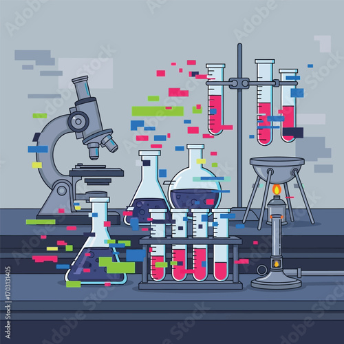 Illustration of various scientific laboratory equipment, including beakers, test tubes, a microscope, and a burner, on a table.