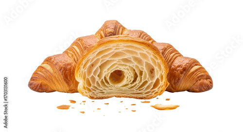 Freshly baked croissant cut in half showing flaky layers isolated PNG with Transparent Background