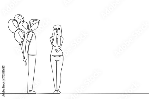 Single one line drawing a man standing while carrying a number of balloons behind his body. Small surprises want to make meaningful. Beloved. Surprise. Continuous line design graphic illustration
