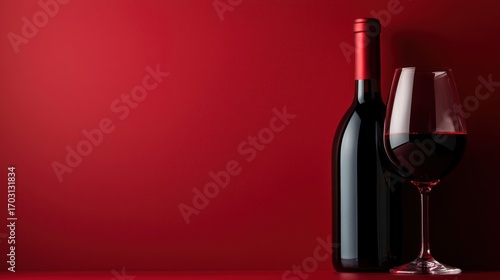 Red wine bottle and glass against a deep crimson background.