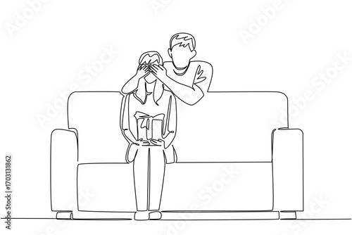Single continuous line drawing a woman sits on a sofa holding a gift box. A husband who loves his wife very much. A gift that the lover really desires. Surprise. One line design vector illustration