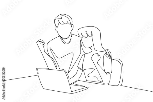 Single one line drawing a young couple expressing themselves in front of a laptop. Targeting items in cyberspace and getting discounts. Shopping. Surprise. Continuous line design graphic illustration