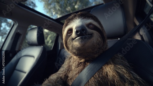 Close-up of a sloth smiling, secured with a seatbelt inside a car with open sunroof