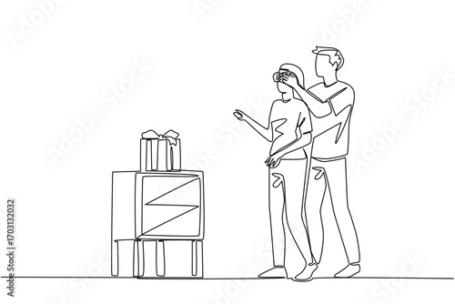 Single one line drawing man stands behind woman covering the eyes of a woman with both of his hands. Leading to happiness. The harmonious couple. Surprise. Continuous line design graphic illustration