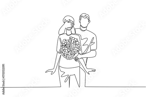 Continuous one line drawing a man standing behind a woman covering the eyes of a woman with one of his hands. A very impression initial surprise. Surprise. Single line draw design vector illustration