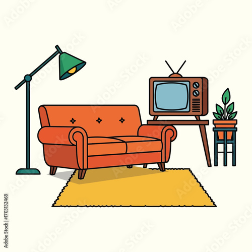 Retro living room interior with orange sofa, vintage television, floor lamp, and potted plant on a yellow rug.