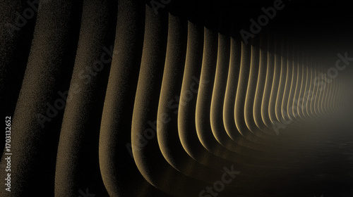 Gilded Ribs — a rhythmic corridor of dust-lit arches