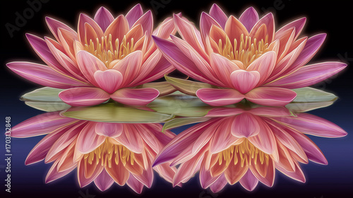 Twin Lotus Mirror — Two Pink Lotus Flowers and Their Perfect Reflection