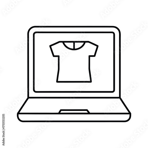 Laptop with clothing shop ecommerce vector line art on white background