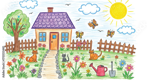 Adobe illustrator artwork vector illustration. A vibrant collection of childish doodles: a house, a sun, cats, an apple tree, and a garden with flowers and butterflies