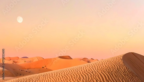 Fototapeta Naklejka Na Ścianę i Meble -  Desert Landscape at Sunset with Full Moon