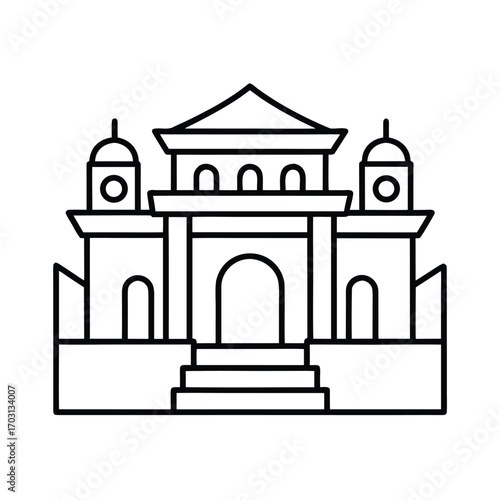 Ancient temple ruins with decoration vector line art on white background