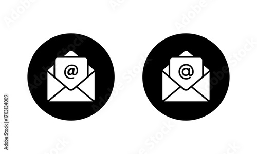 Open mail icon with mention icon. Email inbox and correspondence symbol in black circle
