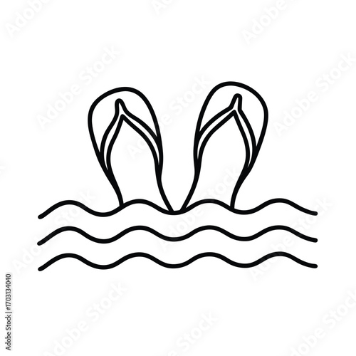 Beach flip flops on sandy shore vector line art on white background
