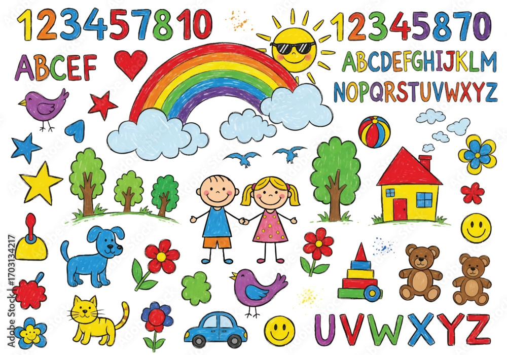 Obraz premium Adobe illustrator artwork vector illustration. A vibrant collection of childish doodles: a rainbow, a castle, diverse kids, animals, toys, and flowers