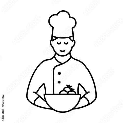 Chef preparing salad with organic food vector line art on white background