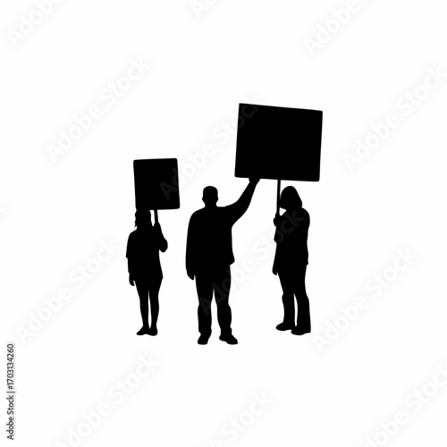 Protestors with banners against corruption silhouette on white background