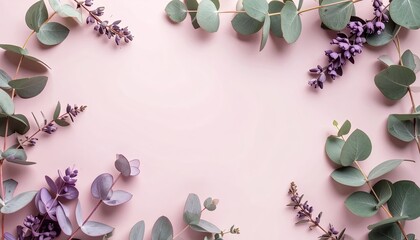 Floral Frame on Pink Background: Purple Flowers and Eucalyptus