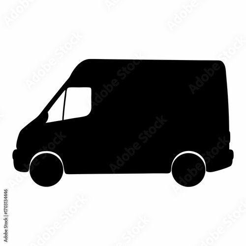 Black silhouette of a cargo van on a white isolated background