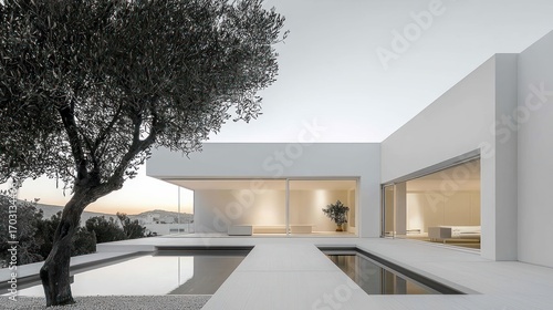 Modern minimalist home exterior with tranquil water features.