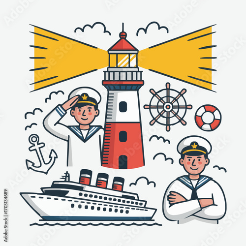 Nautical Captain Icons Set – Sailor, Lighthouse, Ship, Anchor & Maritime Vector Illustration