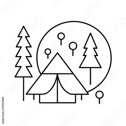 Forest camping scene with tent vector line art on white background
