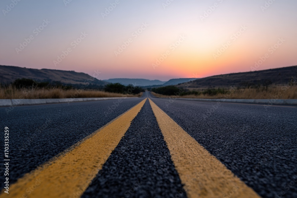 Fototapeta premium Empty asphalt road stretching into the distance, leading toward a stunning sunset illuminating the hills in vibrant colors