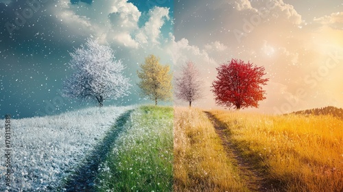 Four seasonal trees marking a path across a landscape.