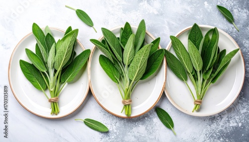 Fresh Sage Bundles on White Plates