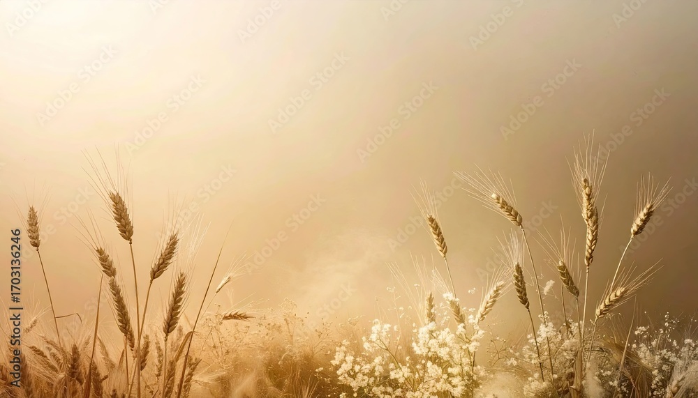 Fototapeta premium Golden Wheat Field at Sunrise with Soft Fog