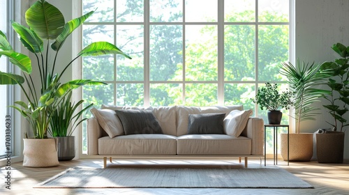 Spacious living room interior with abundant greenery and natural light.