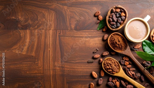 Golden Brown Cocoa Beans and Hot Chocolate on Wood