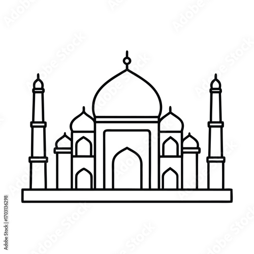 taj mahal with detailed domes and arches vector line art on white background