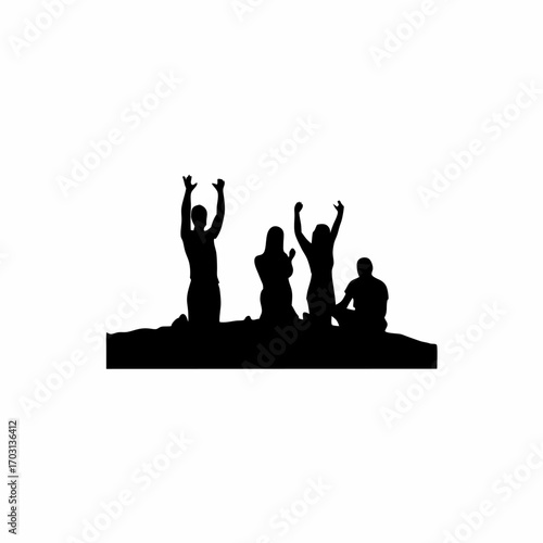 Community practicing yoga outdoors in a park silhouette