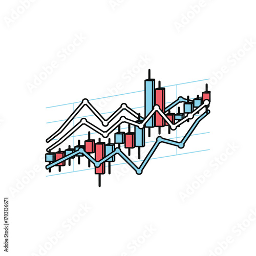Stock market chart with multiple lines and candlestick patterns showing fluctuating trends.