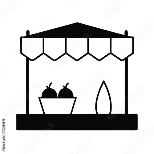 farmers market scene with stalls vector line art on white background