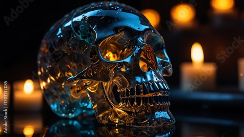 Crystal skull in detailed cinematic closeup