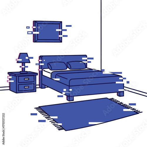 A minimalist blue and white illustration of a bedroom interior with a digital glitch effect.