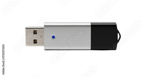 Silver and black USB flash drive with a blue LED light isolated PNG with Transparent Background