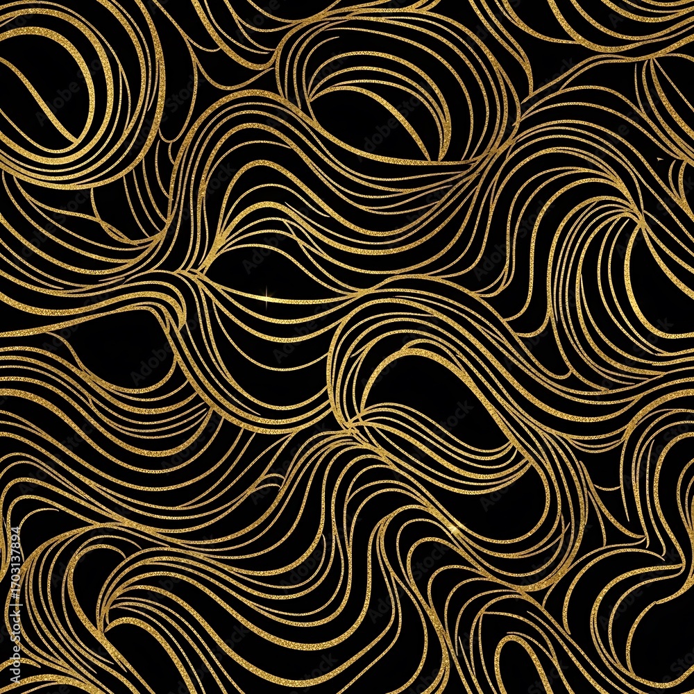 Fototapeta premium A sophisticated pattern showcases swirling lines of gold glitter on a dark background, creating an elegant and luxurious design.