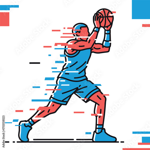 Illustration of a basketball player in motion, holding the ball, with speed lines.